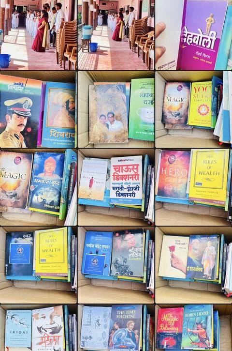 Collage of donated library books and school corridor