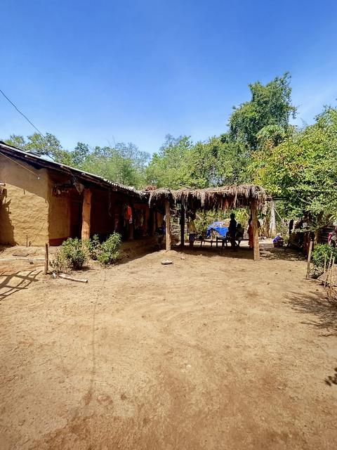 Mud-walled village house with thatched veranda